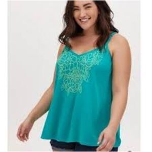 Torrid  Sophie Embroidered Gauze Swing Cami V Neck Green 2 / 2X